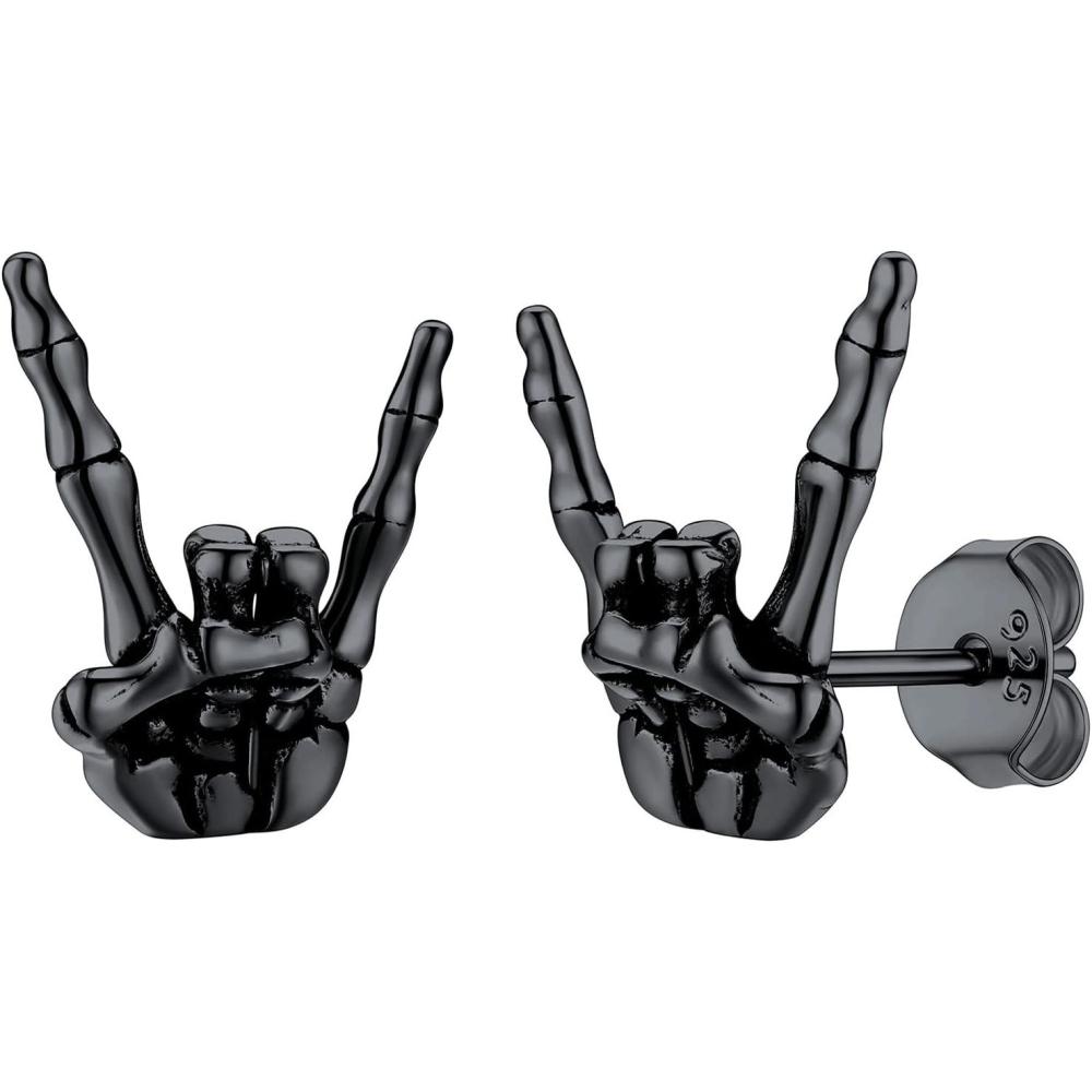 imageSILVERCUTE Skull Stud Earrings Men Womens Personalized Punk Gothic Earrings Sterling Silver BatFireSkeletonSkull Hand Earrings for Halloween Party Hypoallergenic01Rock Sign Gold