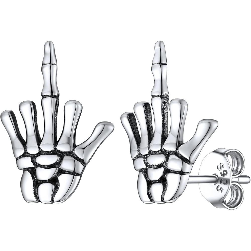 imageSILVERCUTE Skull Stud Earrings Men Womens Personalized Punk Gothic Earrings Sterling Silver BatFireSkeletonSkull Hand Earrings for Halloween Party Hypoallergenic06Fck You