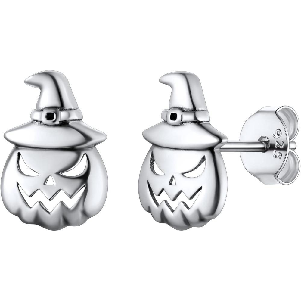 imageSILVERCUTE Skull Stud Earrings Men Womens Personalized Punk Gothic Earrings Sterling Silver BatFireSkeletonSkull Hand Earrings for Halloween Party Hypoallergenic08Pumpkin