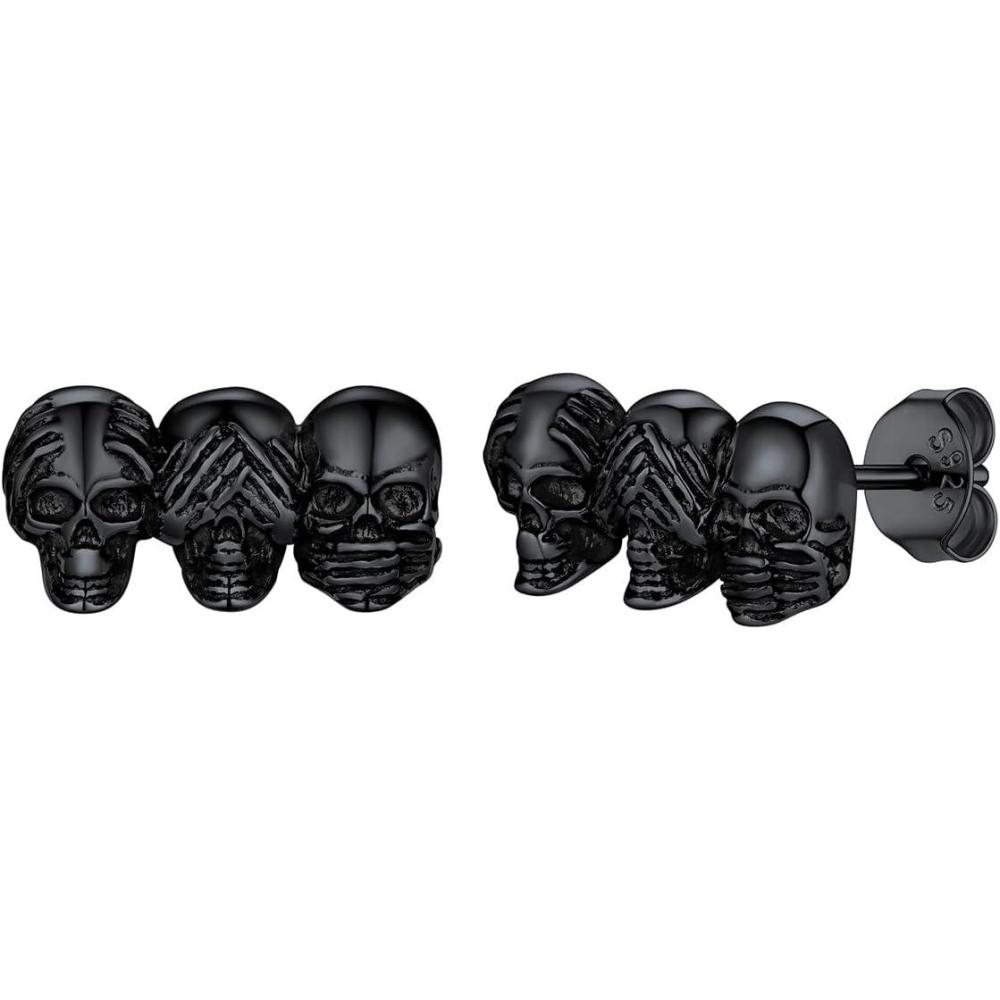 imageSILVERCUTE Skull Stud Earrings Men Womens Personalized Punk Gothic Earrings Sterling Silver BatFireSkeletonSkull Hand Earrings for Halloween Party Hypoallergenic023 Skull Heads Black