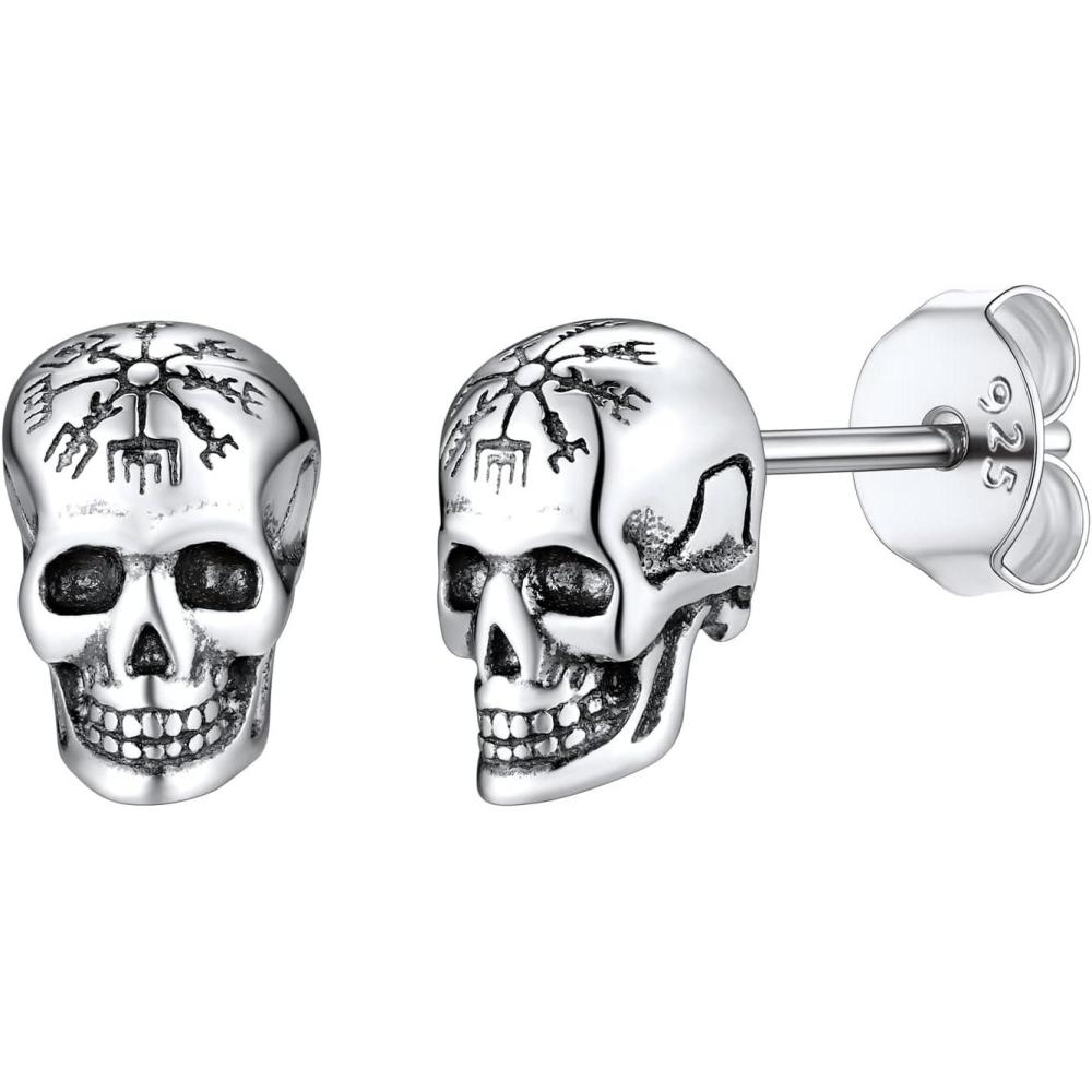 imageSILVERCUTE Skull Stud Earrings Men Womens Personalized Punk Gothic Earrings Sterling Silver BatFireSkeletonSkull Hand Earrings for Halloween Party Hypoallergenic13Viking Skull