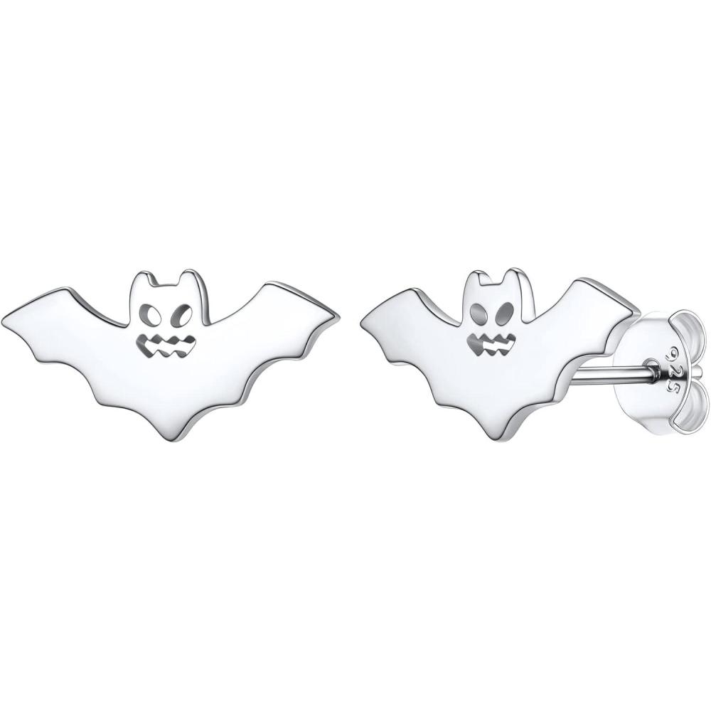 imageSILVERCUTE Skull Stud Earrings Men Womens Personalized Punk Gothic Earrings Sterling Silver BatFireSkeletonSkull Hand Earrings for Halloween Party Hypoallergenic04Bat Silver