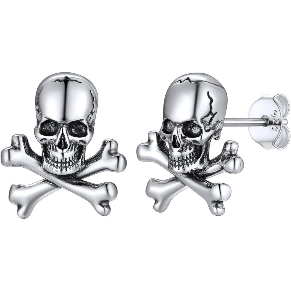 imageSILVERCUTE Skull Stud Earrings Men Womens Personalized Punk Gothic Earrings Sterling Silver BatFireSkeletonSkull Hand Earrings for Halloween Party Hypoallergenic12Criss Skull Silver