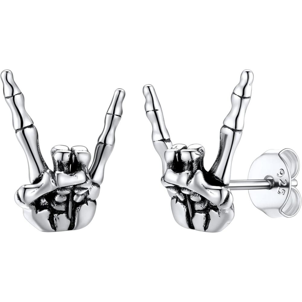 imageSILVERCUTE Skull Stud Earrings Men Womens Personalized Punk Gothic Earrings Sterling Silver BatFireSkeletonSkull Hand Earrings for Halloween Party Hypoallergenic01Rock Sign Silver
