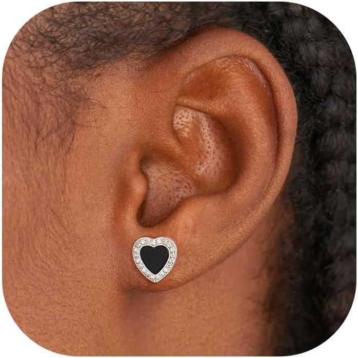 imageU7 925 Sterling Silver Black Onyx Stud Earrings with Viking Rune Cubic Zirconia Earrings for Men Women2Heart Onyx with CZSilver