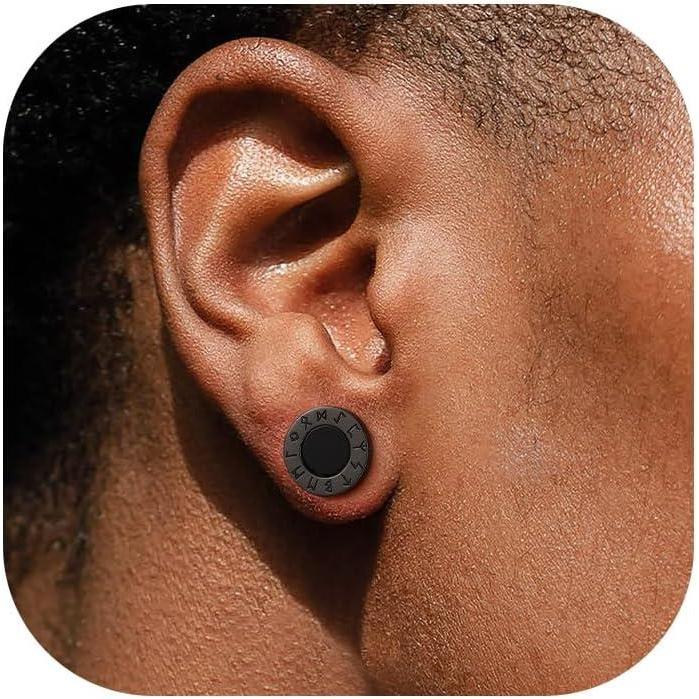 imageU7 925 Sterling Silver Black Onyx Stud Earrings with Viking Rune Cubic Zirconia Earrings for Men Women4RoundFront RuneBlack