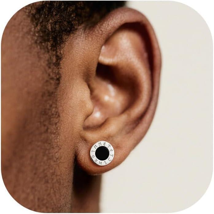 imageU7 925 Sterling Silver Black Onyx Stud Earrings with Viking Rune Cubic Zirconia Earrings for Men Women4RoundFront RuneSilver