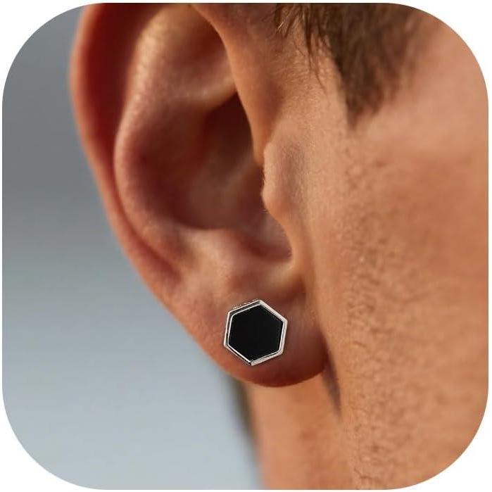 imageU7 925 Sterling Silver Black Onyx Stud Earrings with Viking Rune Cubic Zirconia Earrings for Men Women6Hexagon OnyxSilver