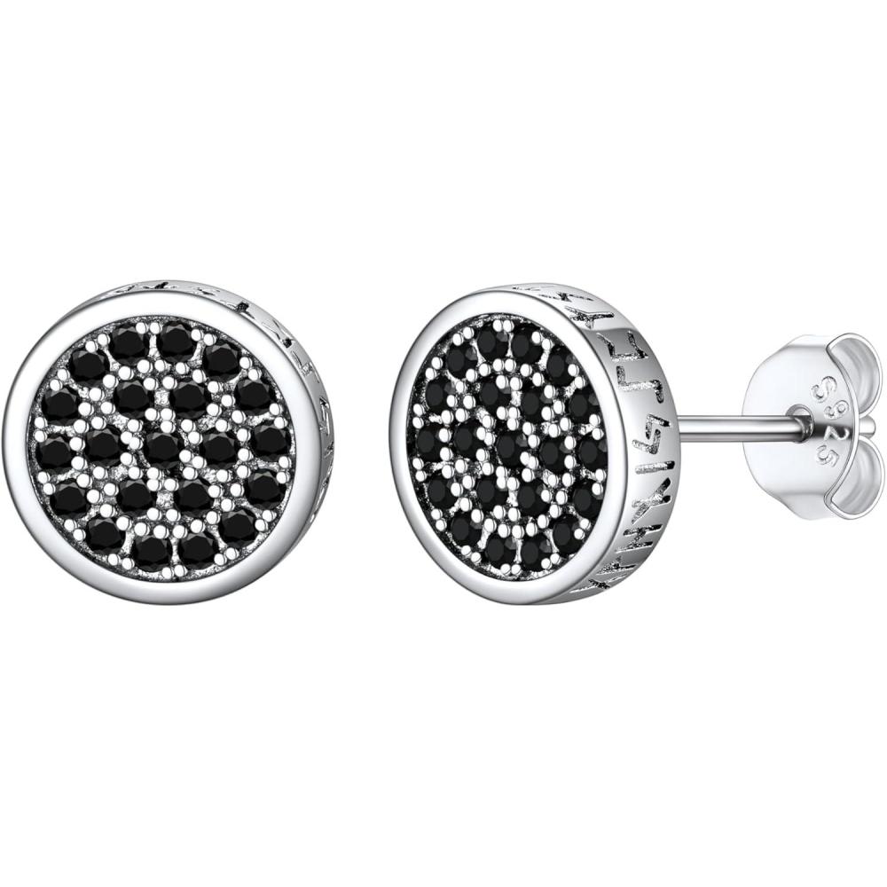imageU7 925 Sterling Silver Black Onyx Stud Earrings with Viking Rune Cubic Zirconia Earrings for Men Women7RoundSide Rune with CZSilver