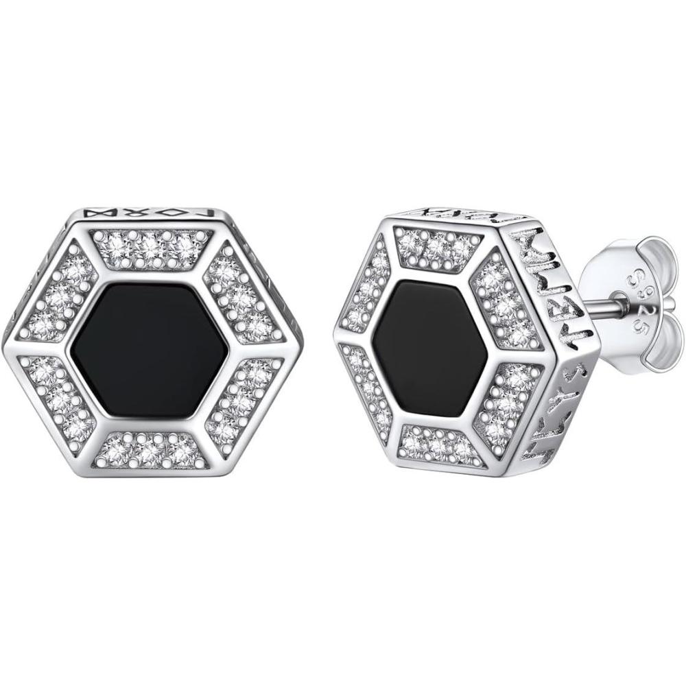 imageU7 925 Sterling Silver Black Onyx Stud Earrings with Viking Rune Cubic Zirconia Earrings for Men Women9Hexagon Onyx with CZSilver