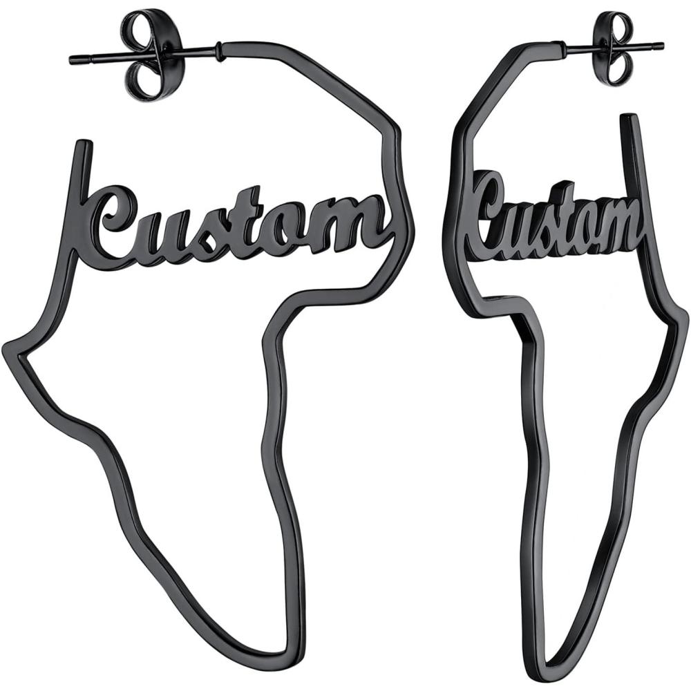 imageU7 African Map Earrings Stainless SteelBlack18K Gold Plated Exaggerated Hollow Out EarringsAfrica Dangle Earrings Map of Africa Stud Earrings Custom Name Earrings for WomenCustom NamePersonalized Black45MM