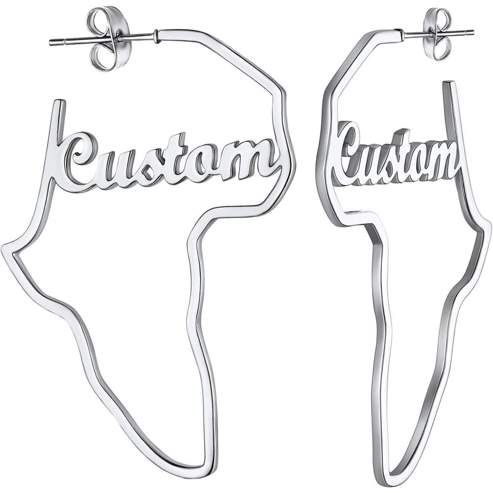 imageU7 African Map Earrings Stainless SteelBlack18K Gold Plated Exaggerated Hollow Out EarringsAfrica Dangle Earrings Map of Africa Stud Earrings Custom Name Earrings for WomenCustom NameStainless45MM