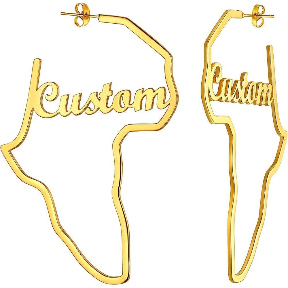 imageU7 African Map Earrings Stainless SteelBlack18K Gold Plated Exaggerated Hollow Out EarringsAfrica Dangle Earrings Map of Africa Stud Earrings Custom Name Earrings for WomenCustom NameGold75MM