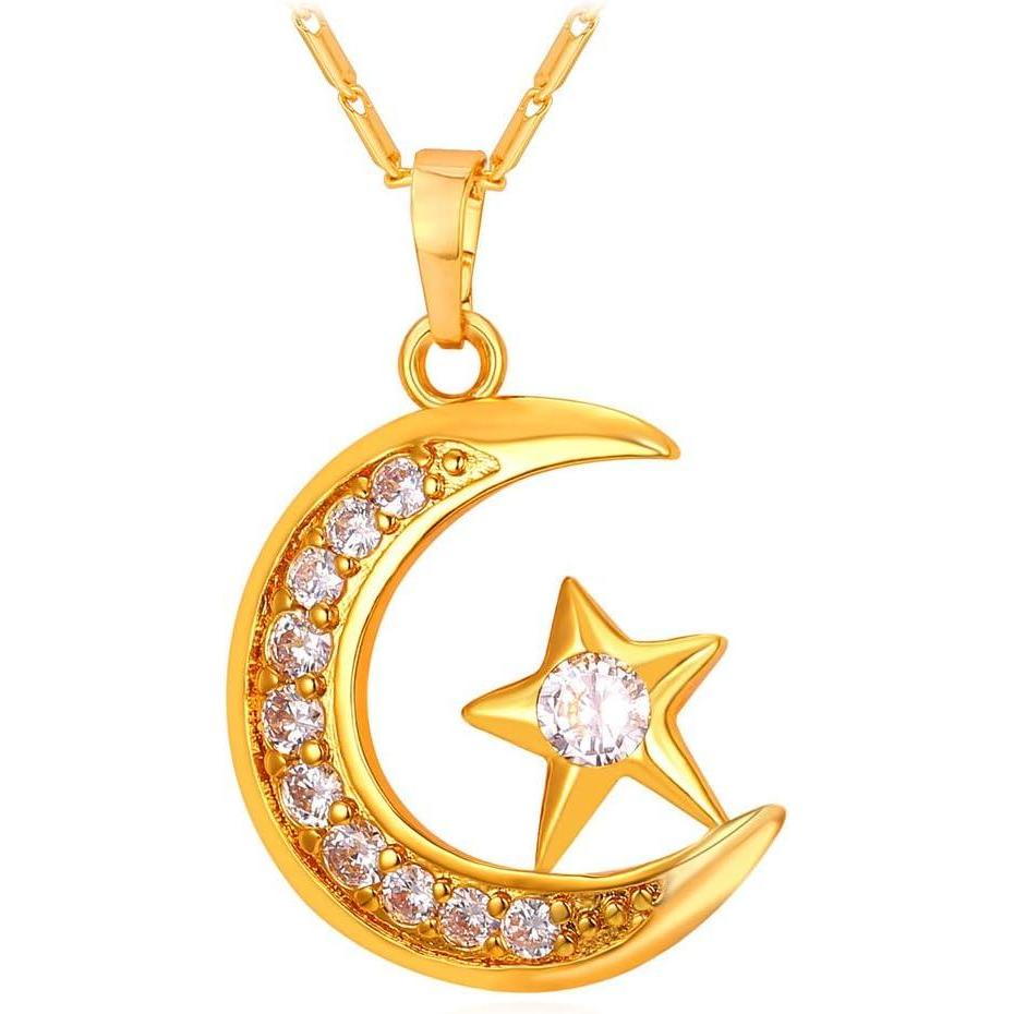 imageU7 Allah Necklace for WomenMen 18K Gold Plated SquareOvalCoinHeartCrescent Moon Islamic Pendant Necklace Muslim Jewelry with Chain01Crescent Moon gold