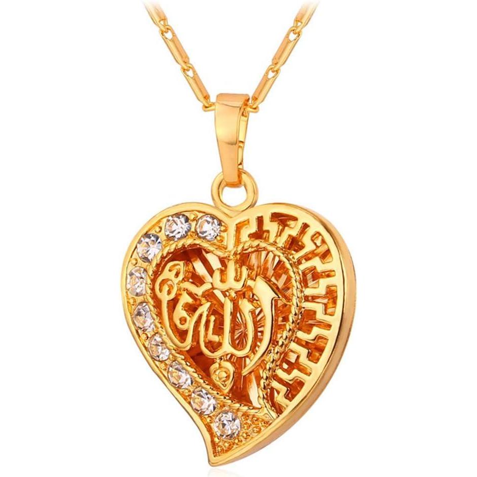 imageU7 Allah Pendant Necklace with Chain Platinum 18K Gold Plated Muslim Jewelry Islamic Pendant07Gold Half Crystal Heart