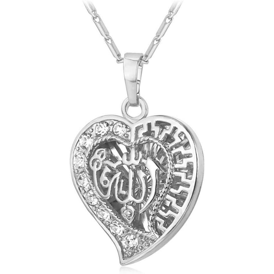 imageU7 Allah Pendant Necklace with Chain Platinum  18K Gold Plated Muslim Jewelry Islamic Pendant07Platinum Half Crystal Heart
