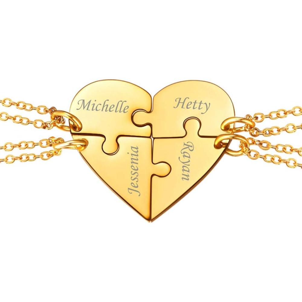 imageU7 BFF Necklace for 23456 Women Girls Stainless Steel Personalized FamilySiblingFriendship Jewelry Set Custom Best Friend Name Engrave Heart Puzzle Matching Pendant NecklacesHeart Set of 4GoldCustomized