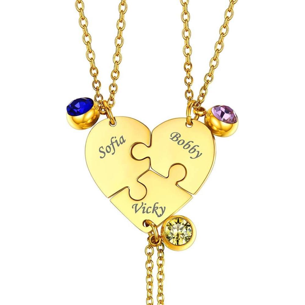 imageU7 BFF Necklace for 23456 Women Girls Stainless Steel Personalized FamilySiblingFriendship Jewelry Set Custom Best Friend Name Engrave Heart Puzzle Matching Pendant NecklacesHeart Set of 3GoldBirthstone