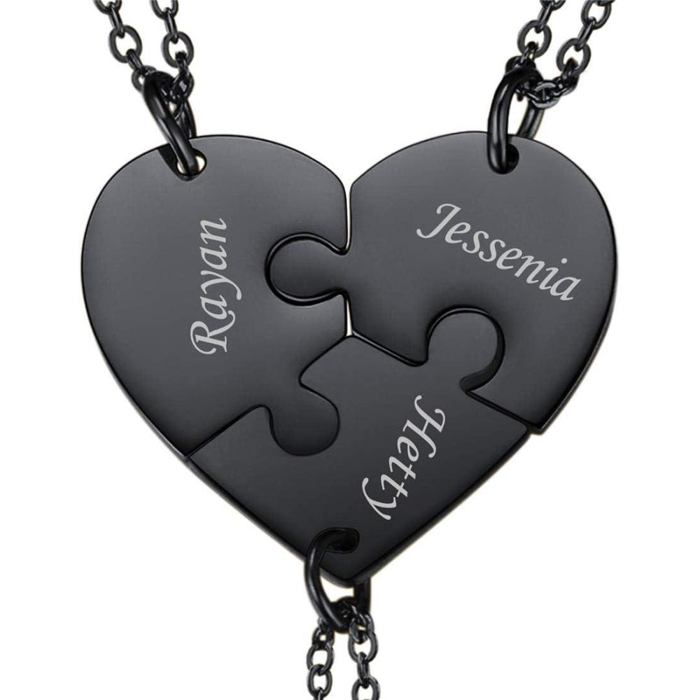 imageU7 BFF Necklace for 23456 Women Girls Stainless Steel Personalized FamilySiblingFriendship Jewelry Set Custom Best Friend Name Engrave Heart Puzzle Matching Pendant NecklacesHeart Set of 3Ion BlackCustomized