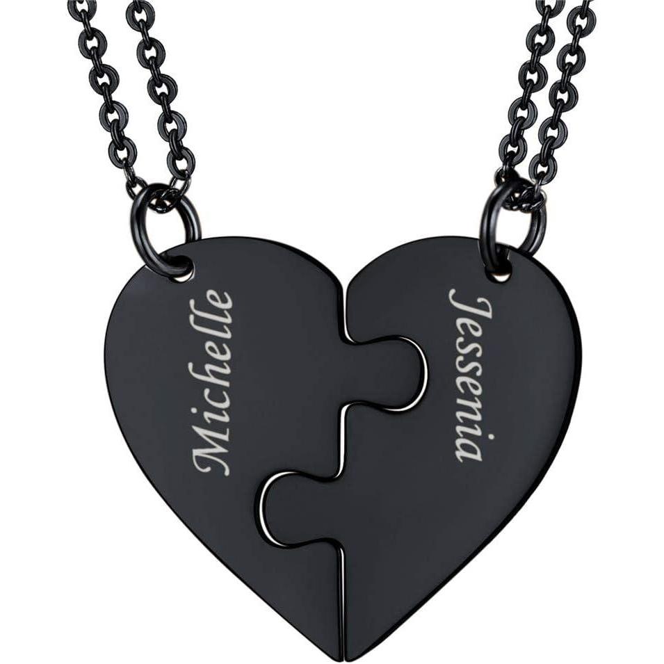 imageU7 BFF Necklace for 23456 Women Girls Stainless Steel Personalized FamilySiblingFriendship Jewelry Set Custom Best Friend Name Engrave Heart Puzzle Matching Pendant NecklacesHeart Set of 2Ion BlackCustomized