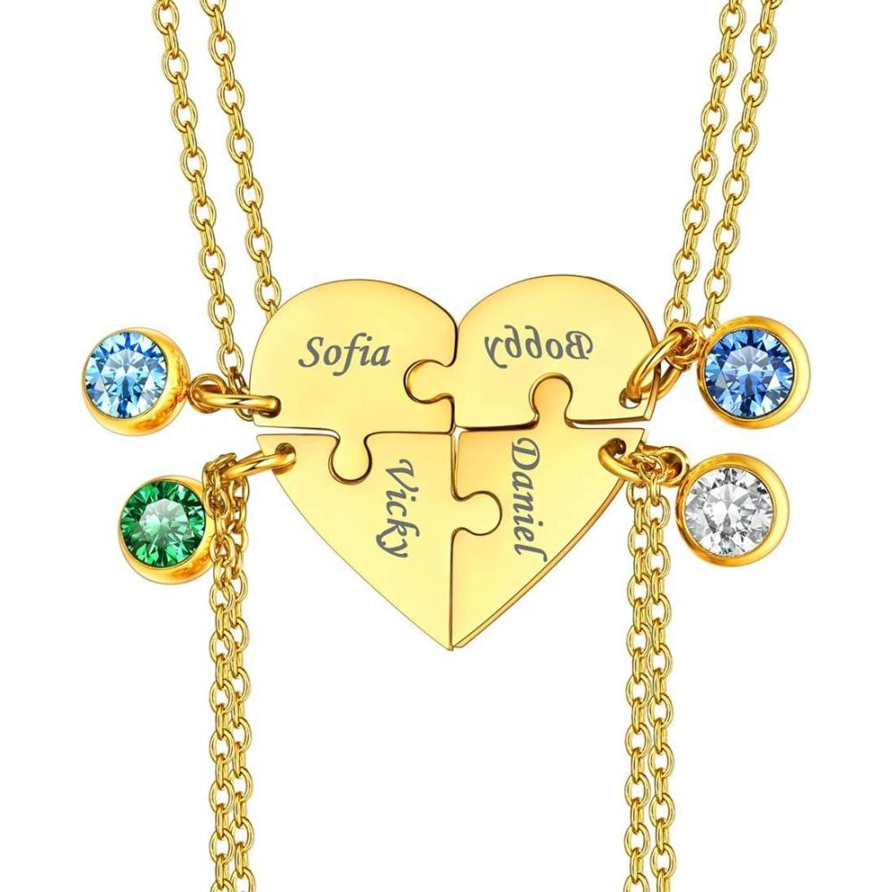 imageU7 BFF Necklace for 23456 Women Girls Stainless Steel Personalized FamilySiblingFriendship Jewelry Set Custom Best Friend Name Engrave Heart Puzzle Matching Pendant NecklacesHeart Set of 4GoldBirthstone