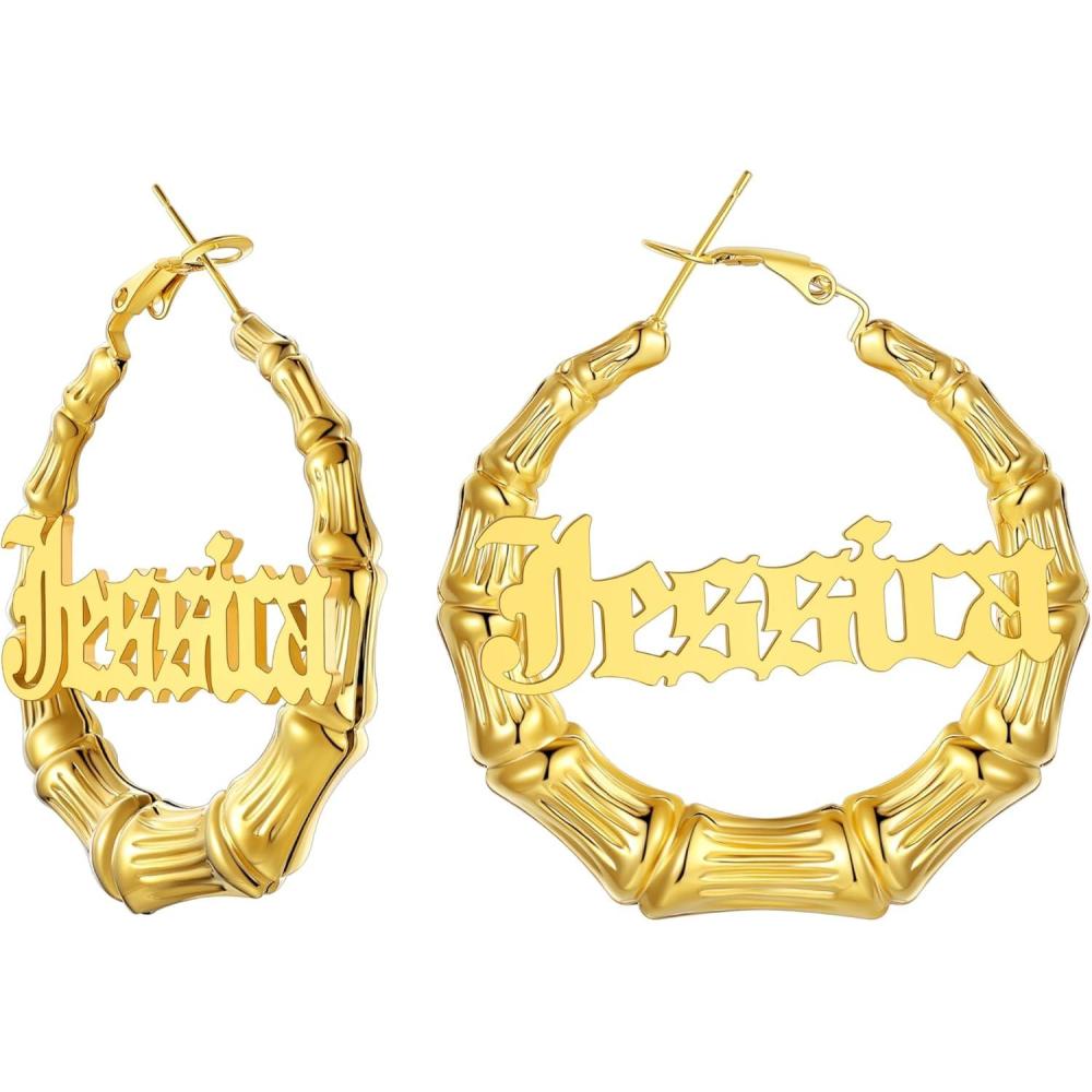 imageU7 Bamboo Earrings for Women 18K Gold PlatedStainless SteelPersonalized Black Statement Extra Large Hoop Earrings 80s 90s Custom Name Huggie Earrings for Party Fashion Jewlery02Gold Custom Name