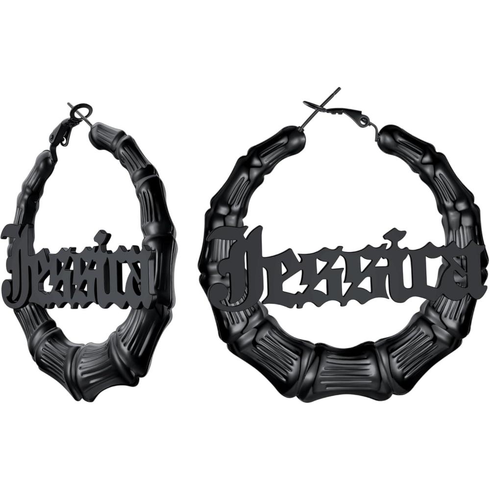 imageU7 Bamboo Earrings for Women 18K Gold PlatedStainless SteelPersonalized Black Statement Extra Large Hoop Earrings 80s 90s Custom Name Huggie Earrings for Party Fashion Jewlery06Black Custom Name