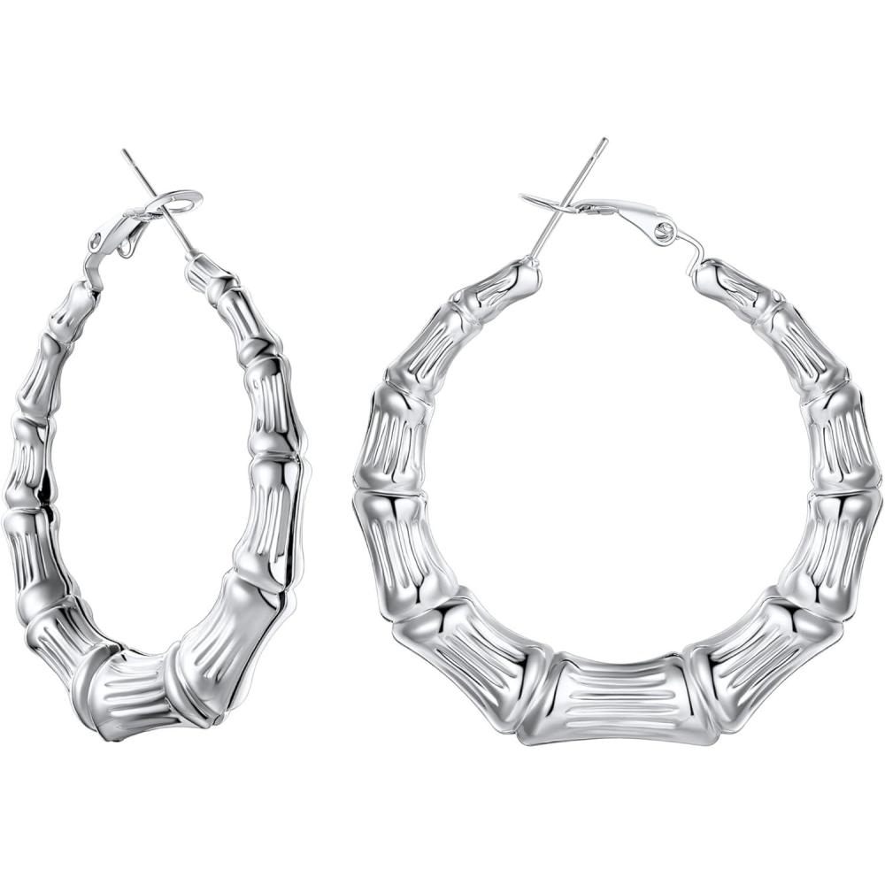 imageU7 Bamboo Earrings for Women 18K Gold PlatedStainless SteelPersonalized Black Statement Extra Large Hoop Earrings 80s 90s Custom Name Huggie Earrings for Party Fashion Jewlery03Stainless Steel