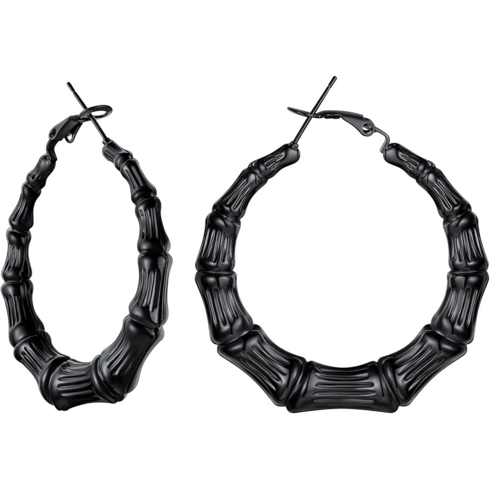imageU7 Bamboo Earrings for Women 18K Gold PlatedStainless SteelPersonalized Black Statement Extra Large Hoop Earrings 80s 90s Custom Name Huggie Earrings for Party Fashion Jewlery05Black