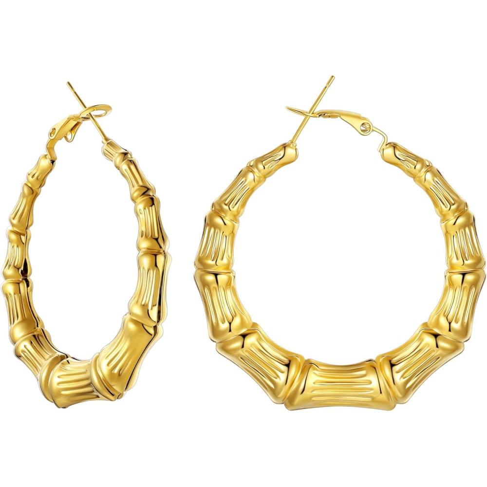 imageU7 Bamboo Earrings for Women 18K Gold PlatedStainless SteelPersonalized Black Statement Extra Large Hoop Earrings 80s 90s Custom Name Huggie Earrings for Party Fashion Jewlery01Gold