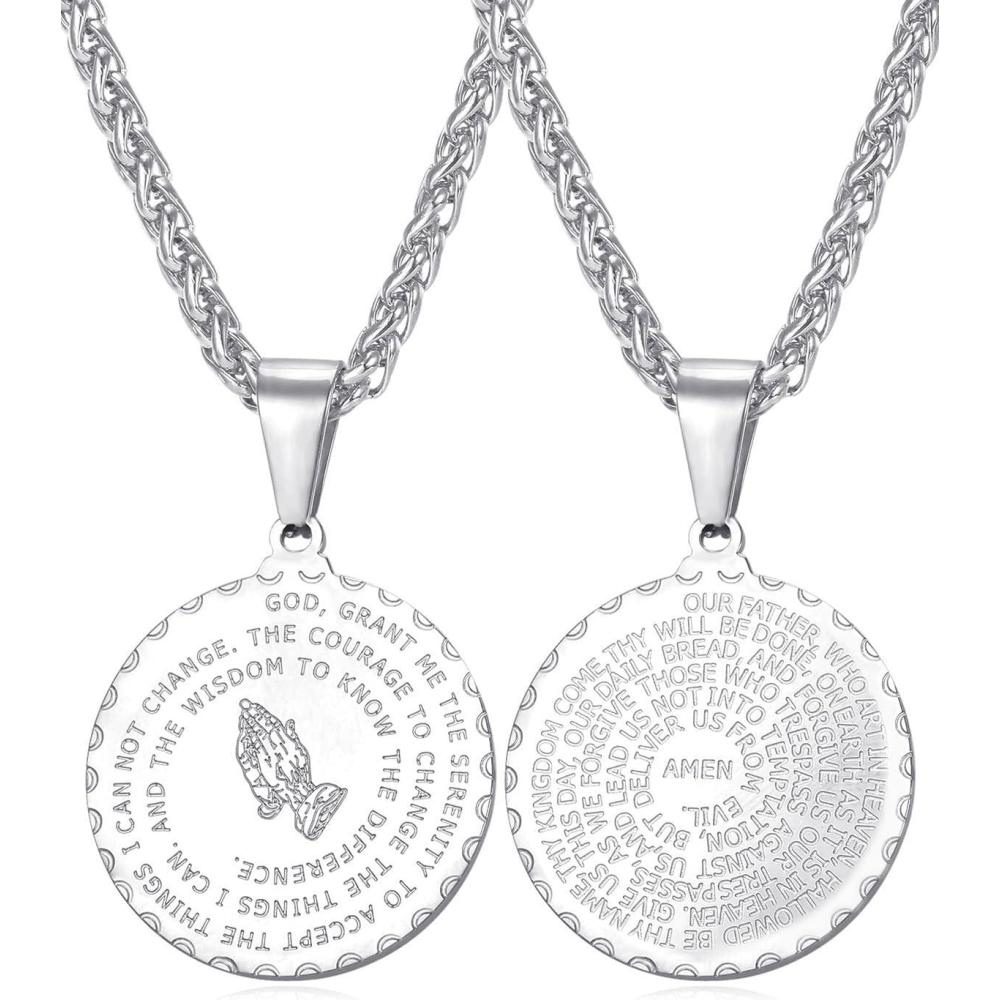 imageU7 Bible Verse Necklaces for Men Women Stainless Steel18K Gold Plated Prayer Hands Coin Medal Pendant Necklace Christan Jewlery Gift 2226Inch01Bright Steel