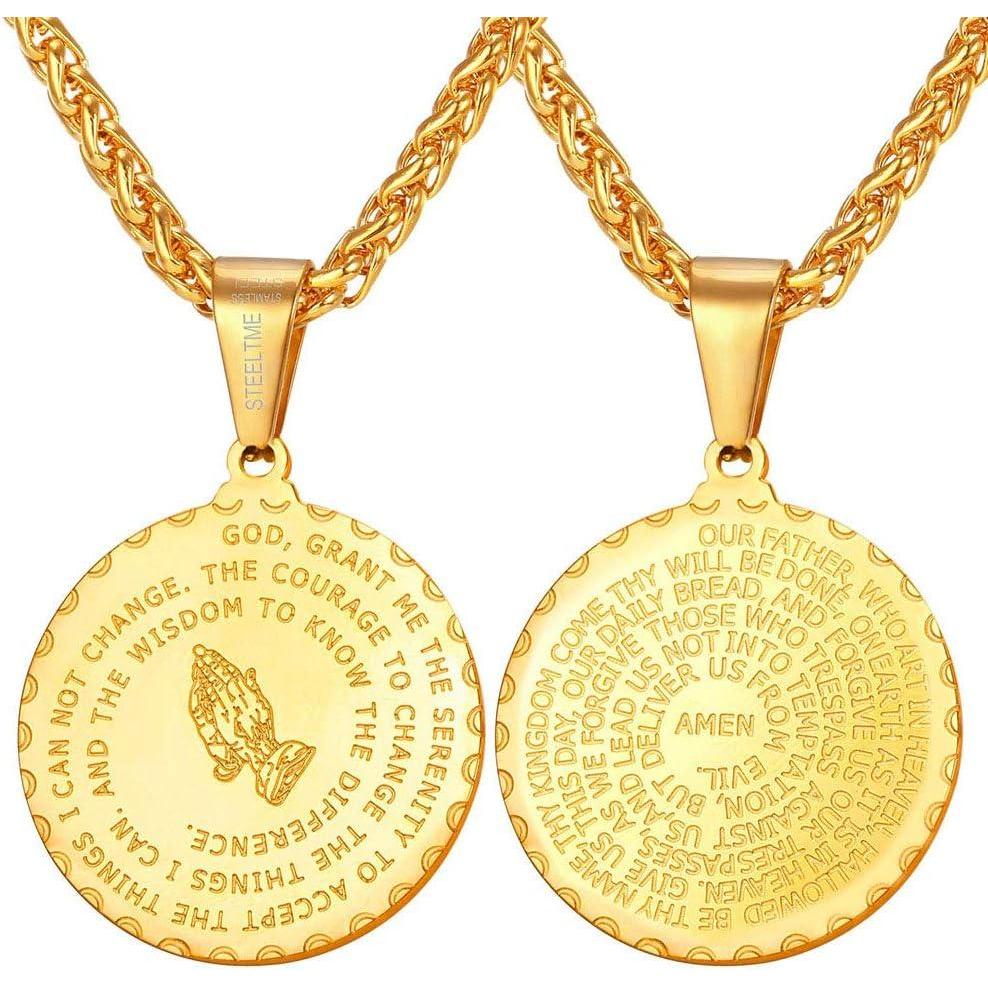 imageU7 Bible Verse Necklaces for Men Women Stainless Steel18K Gold Plated Prayer Hands Coin Medal Pendant Necklace Christan Jewlery Gift 2226InchGold24 Chain