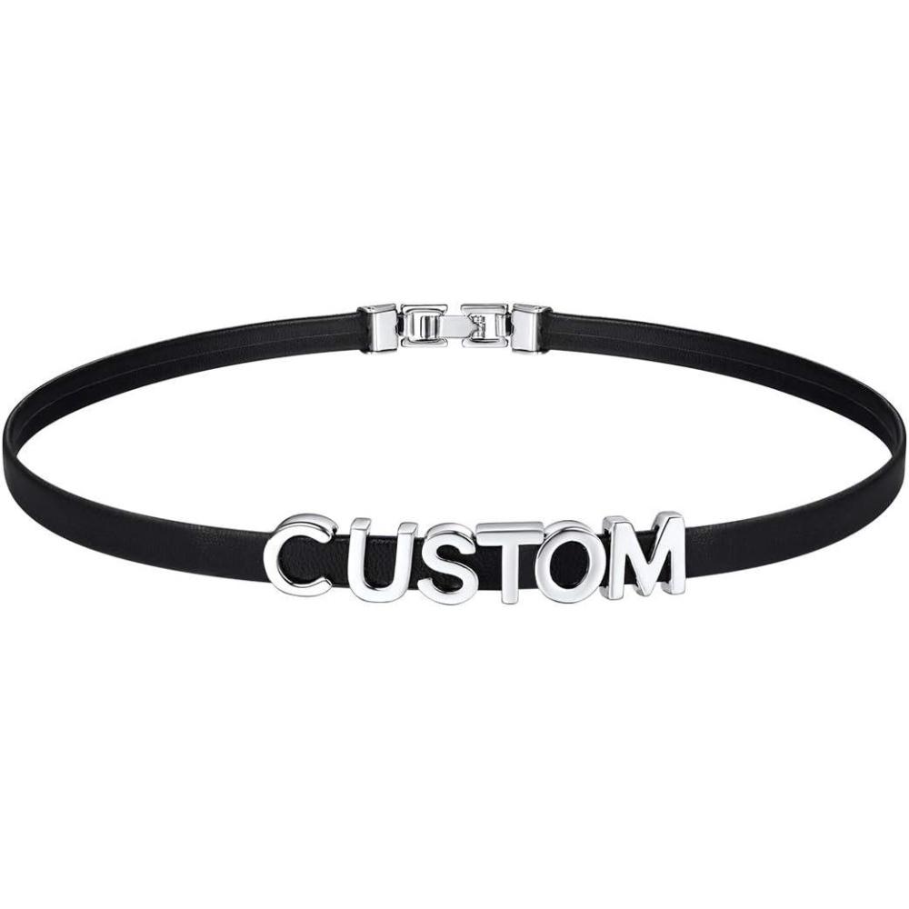 imageU7 Black Leather Choker Collar Custom with Platinum18K Gold Plated Initial Names Personalized Punk Jewelry for Cosplay Adjustable Length 1317 Inch02Customplatinum55mm wide