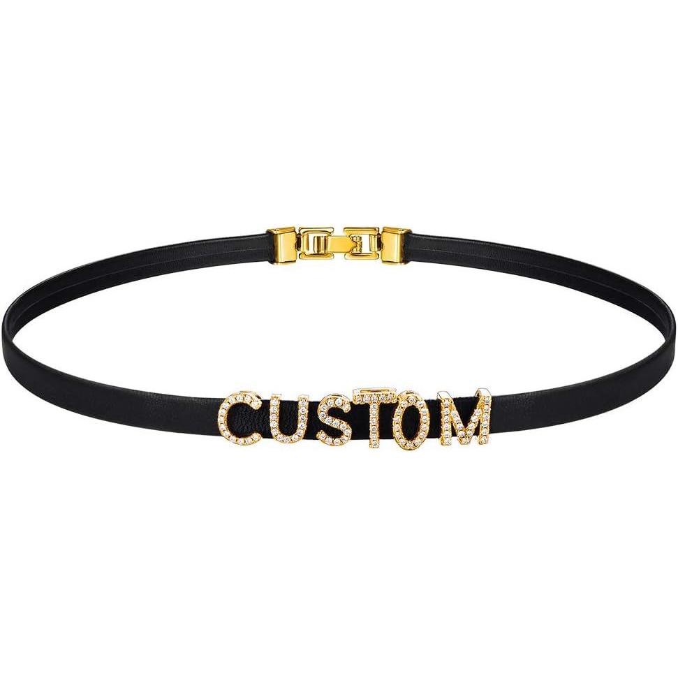 imageU7 Black Leather Choker Collar Custom with Platinum18K Gold Plated Initial Names Personalized Punk Jewelry for Cosplay Adjustable Length 1317 Inch03Customcz gold55mm wide