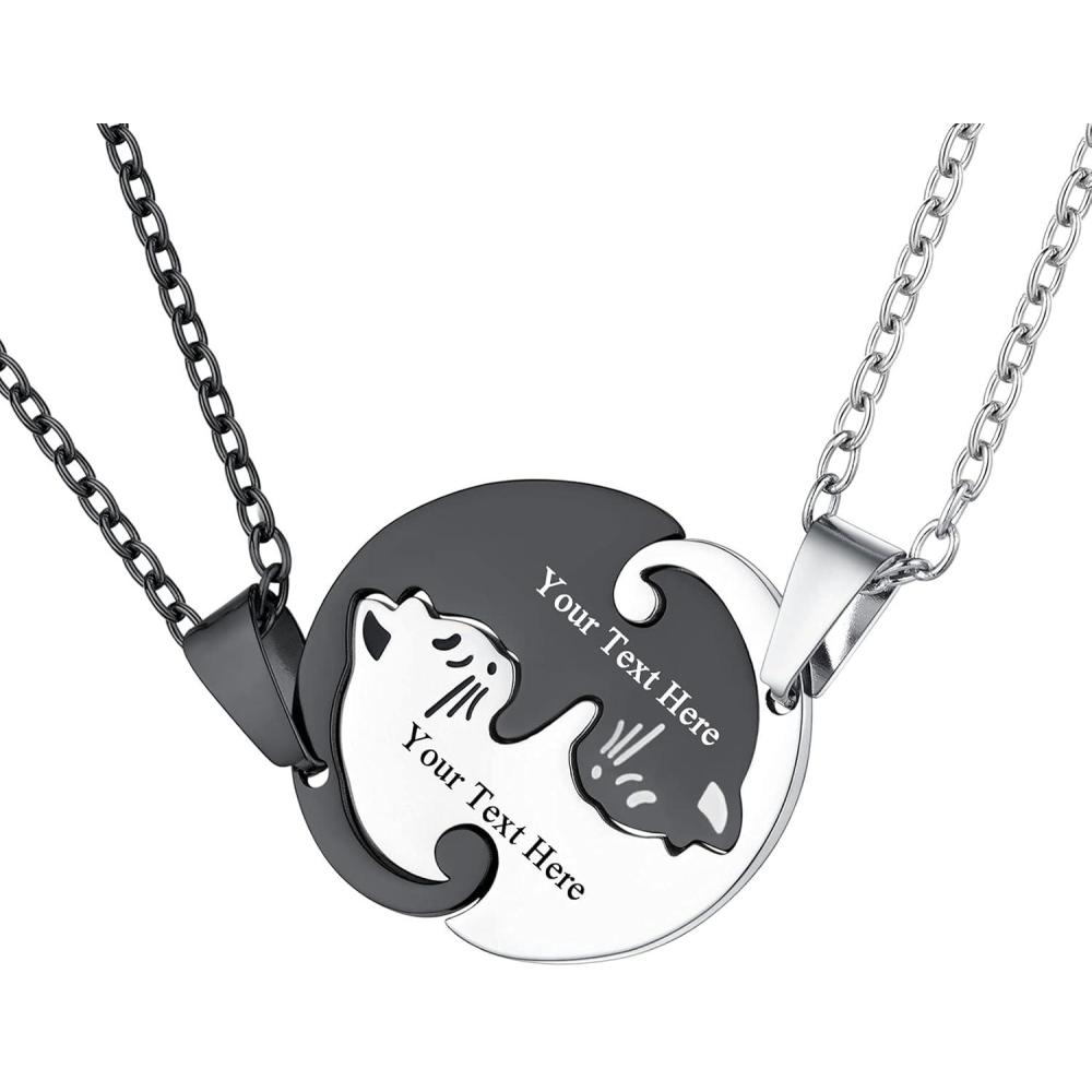 imageU7 Cat Pendant Necklace for Women Stainless Steel Cute Kitty Cat Jewelry Gift02Round Cat SetSteelBlackCustomized