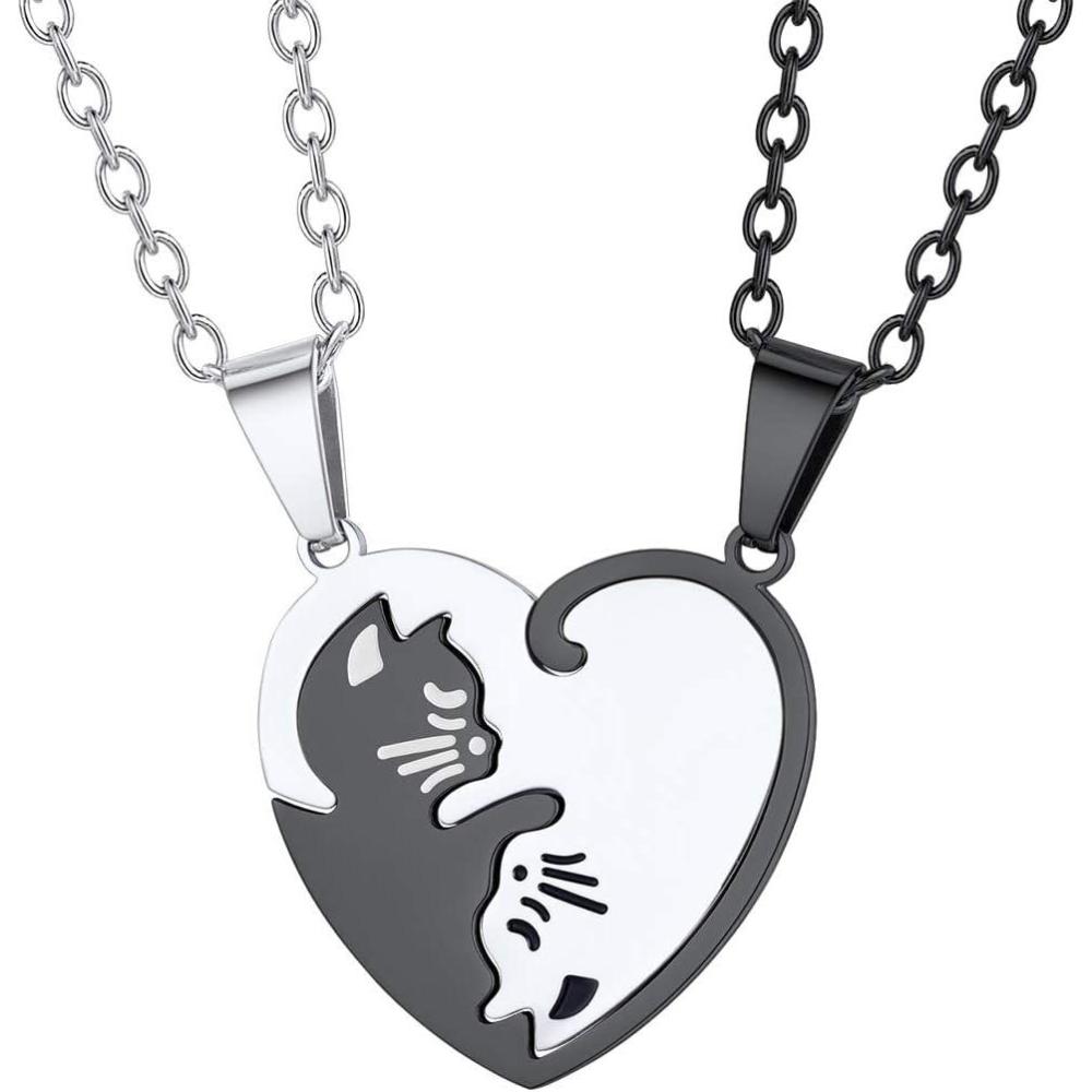 imageU7 Cat Pendant Necklace for Women Stainless Steel Cute Kitty Cat Jewelry Gift03Heart Cat SetSteelBlack