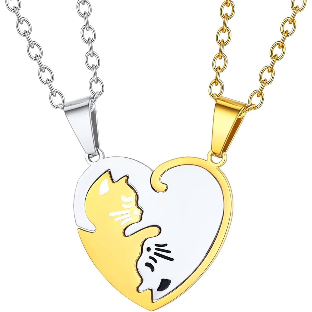 imageU7 Cat Pendant Necklace for Women Stainless Steel Cute Kitty Cat Jewelry Gift03Heart Cat SetSteelGold