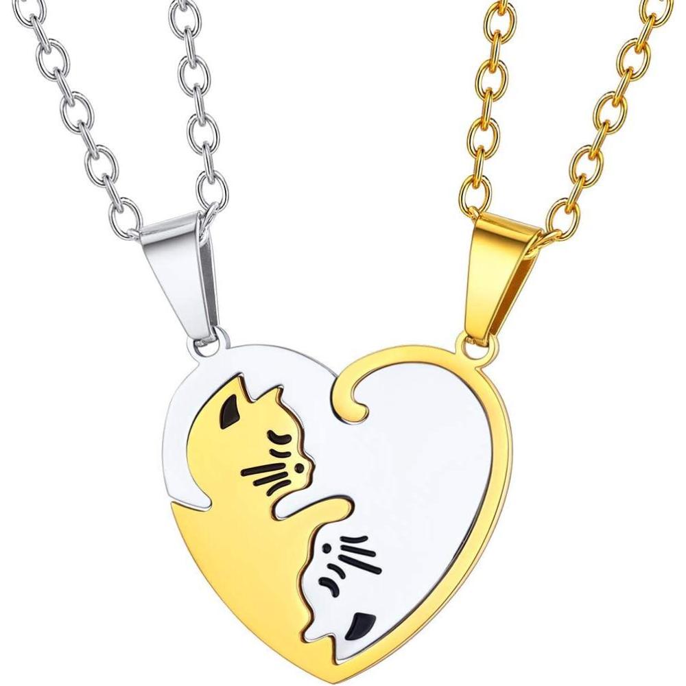 imageU7 Cat Pendant Necklace for Women Stainless Steel Cute Kitty Cat Jewelry Gift03Heart Cat SetSteelGoldCustomized