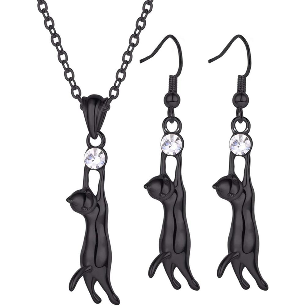 imageU7 Cat Pendant Necklace for Women Stainless Steel Cute Kitty Cat Jewelry GiftBlack NecklaceEarrings