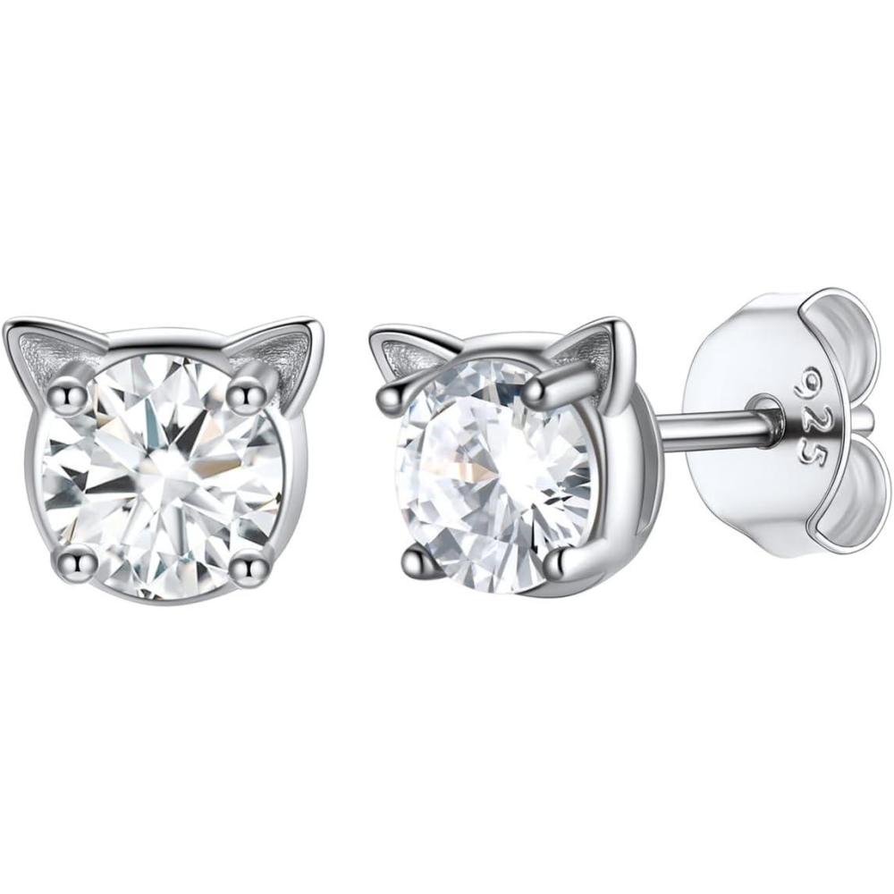 imageU7 Cat Stud Earrings SilverBlackSilverGold ColorBirthstone Kitten Earrings BarFaux Pearl Earrings Set Women Teen Girls Gift04Diamond White