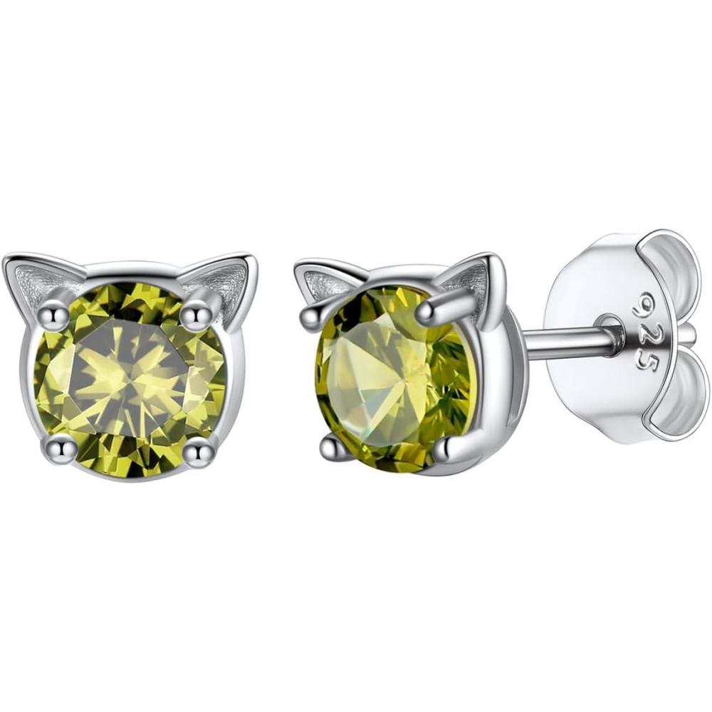 imageU7 Cat Stud Earrings SilverBlackSilverGold ColorBirthstone Kitten Earrings BarFaux Pearl Earrings Set Women Teen Girls Gift08Peridot Green