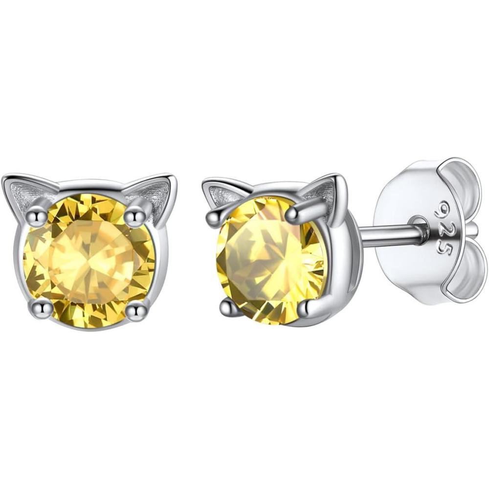 imageU7 Cat Stud Earrings SilverBlackSilverGold ColorBirthstone Kitten Earrings BarFaux Pearl Earrings Set Women Teen Girls Gift11Citrine