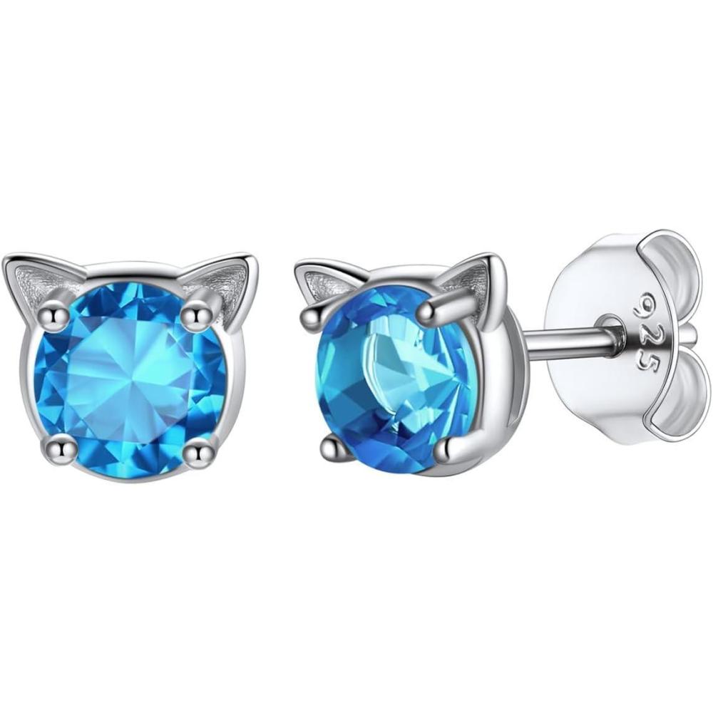 imageU7 Cat Stud Earrings SilverBlackSilverGold ColorBirthstone Kitten Earrings BarFaux Pearl Earrings Set Women Teen Girls Gift12Blue Topaz