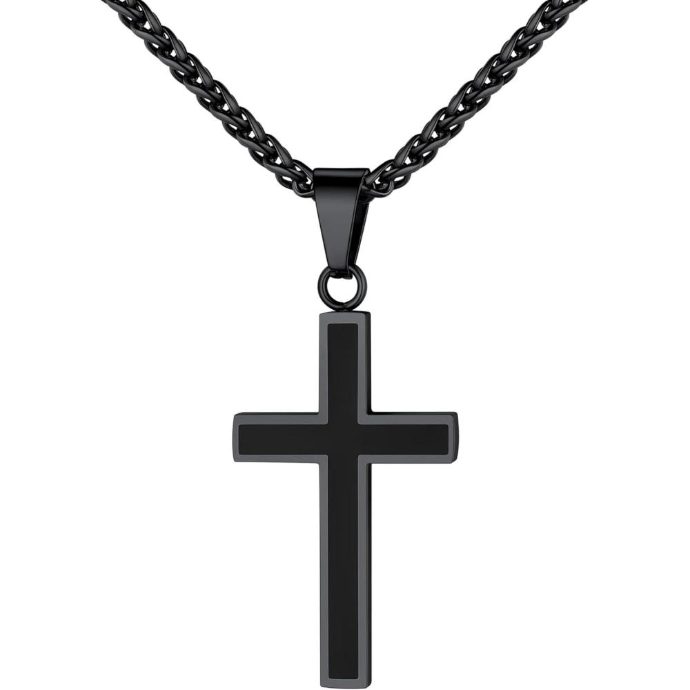 imageU7 Cross Necklace for Men Stainless Steel Silver Black Gold Mens Cross Necklace 2224 Inches1black