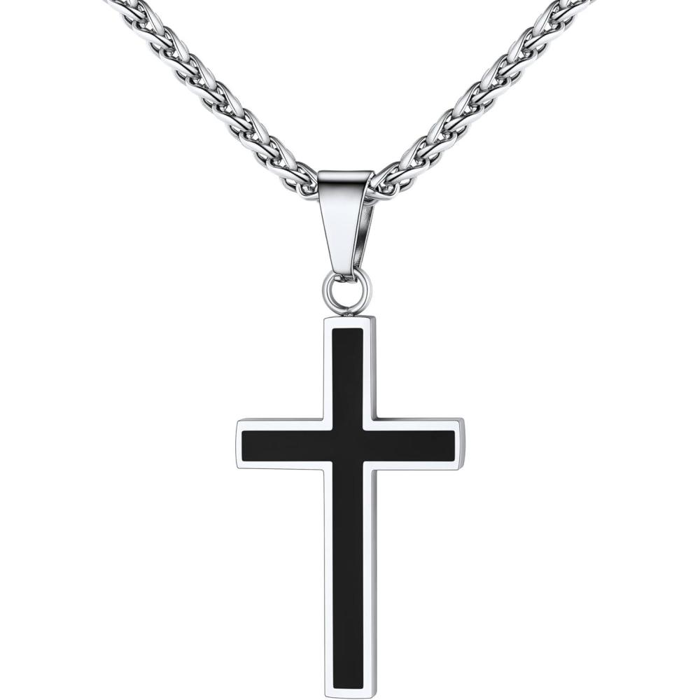 imageU7 Cross Necklace for Men Stainless Steel Silver Black Gold Mens Cross Necklace 2224 Inches1silver