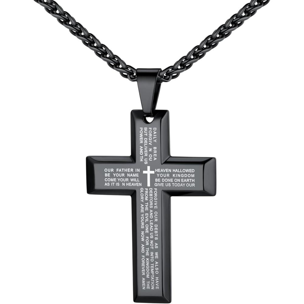 imageU7 Cross Necklace for Men Stainless Steel Silver Black Gold Mens Cross Necklace 2224 Inches2black