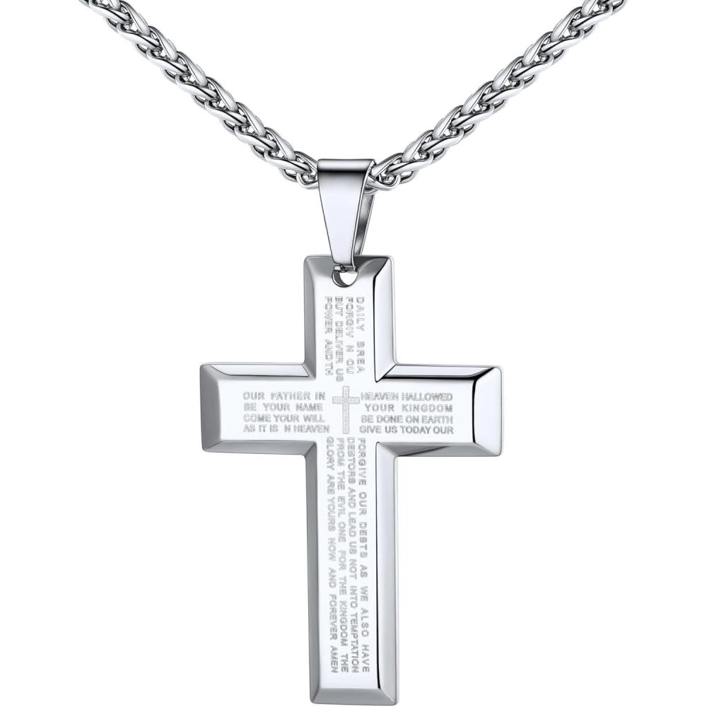 imageU7 Cross Necklace for Men Stainless Steel Silver Black Gold Mens Cross Necklace 2224 Inches2silver