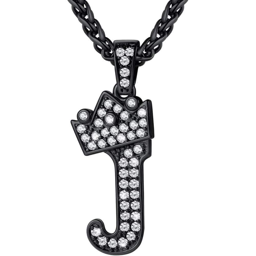 imageU7 Crown Initial Necklace Men Women Bling Diamond AZ 09 Letter Pendant with Wheat Chain SilverBlackGold Plated CZ Alphabet Number Hip Hop Jersery for Father Husbandc Black