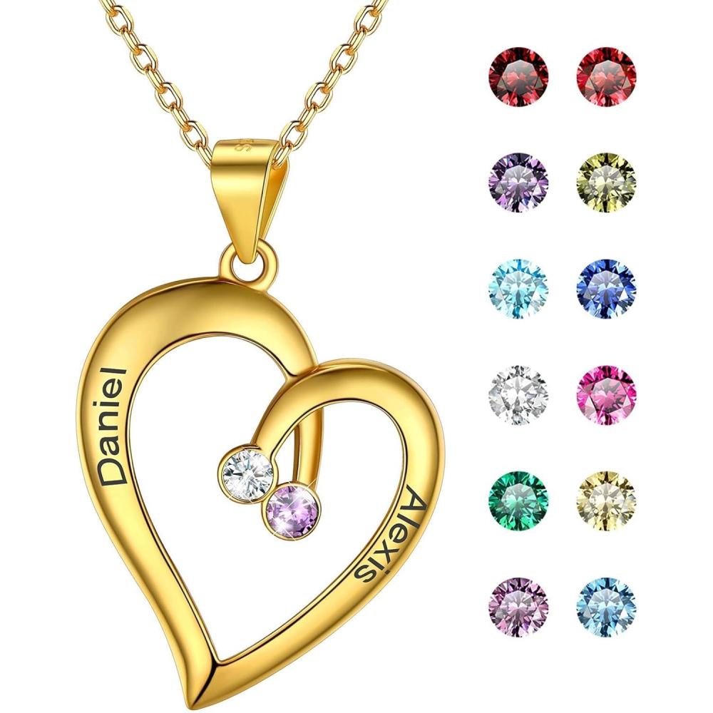 imageU7 Custom Name Necklace Heart Pendant with 15 Names and Birthstone 925 Sterling Silver 18K Gold Plated Personalized Name Plate Birth Stone Necklaces BFF Family NecklaceCGold Plated Sterling Silver2 NamesStones