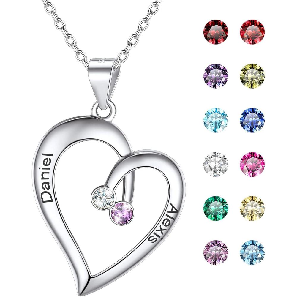 imageU7 Custom Name Necklace Heart Pendant with 15 Names and Birthstone 925 Sterling Silver 18K Gold Plated Personalized Name Plate Birth Stone Necklaces BFF Family NecklaceCSterling Silver2 NamesStones
